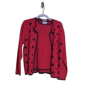 Pendleton Women Vtg 2 pc. Holiday Sweater Set Sz.Med. Red Beaded with black Trim